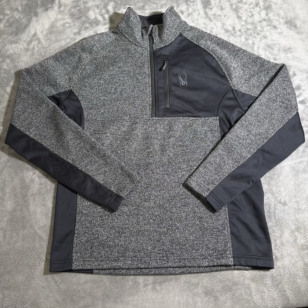 Spyder 1/4 Zip Pullover Sweater Mens Large Sleeve Black Gray Chest Zip Pocket